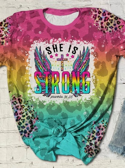 Leopard-print colorful wings she is strong graphic tee