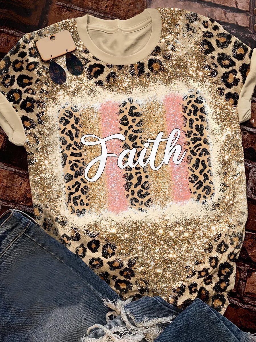 Leopard print crew neck faith graphic tee