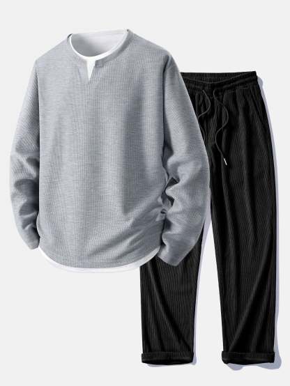 Relax Fit Long Sleeve 2 In 1 Waffle T-Shirt & Straight Leg Corduroy Pants