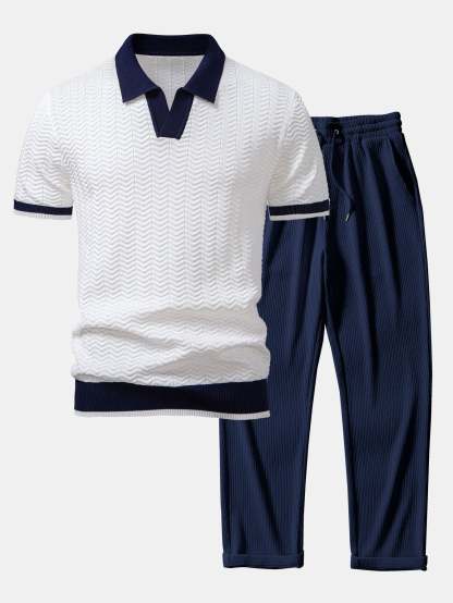 Texture Contrast Knitted V Neck Polo Shirt & Straight Leg Ribbed Pants