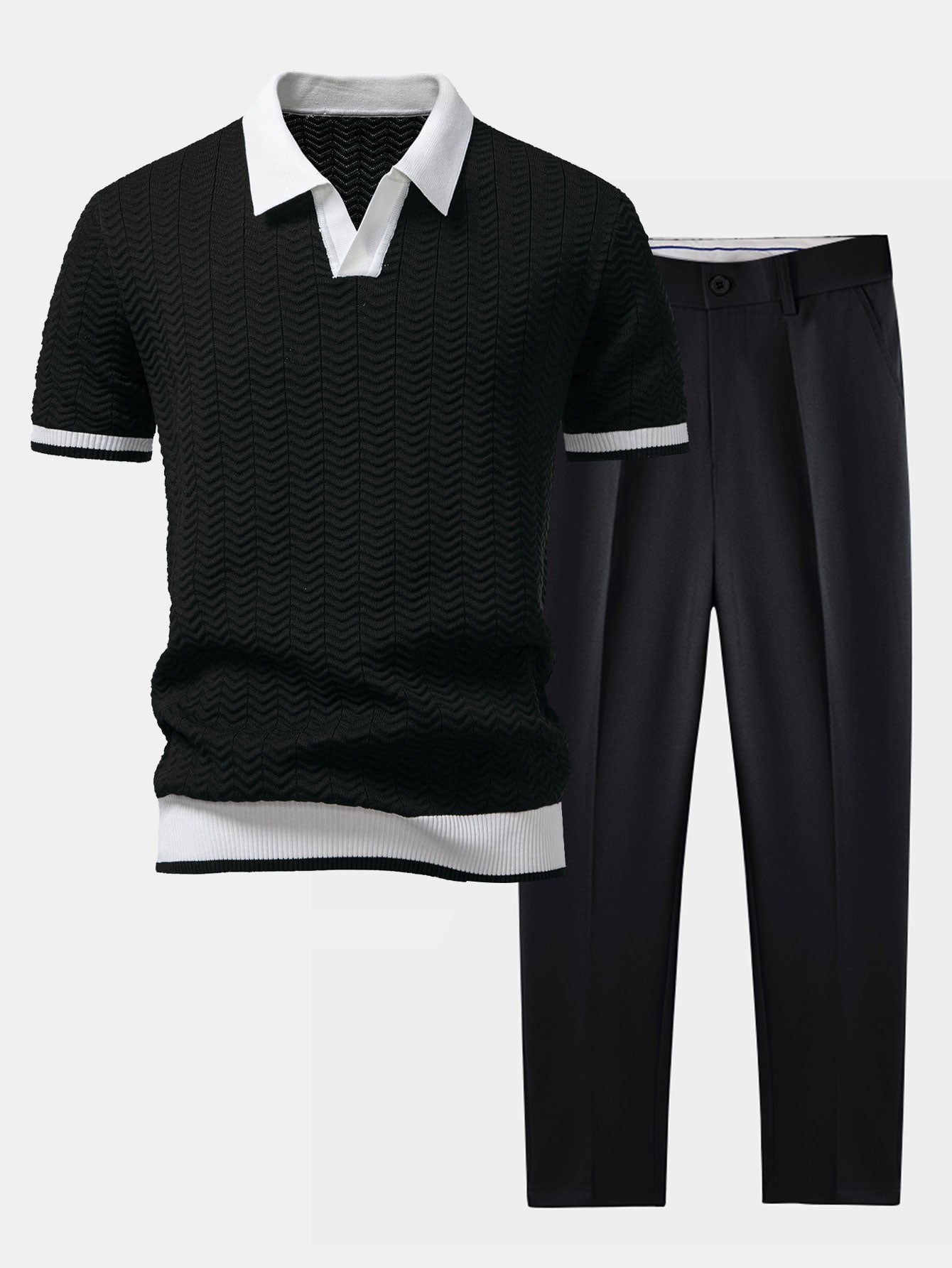 Texture Contrast Knitted V Neck Polo Shirt & Slim Fit Tapered Trousers