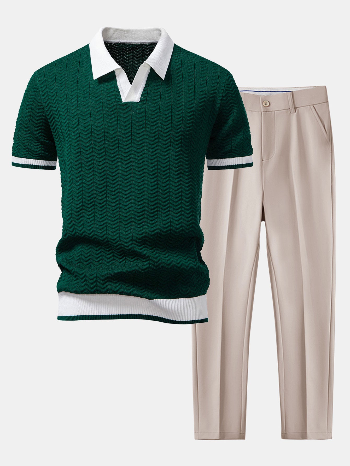 Texture Contrast Knitted V Neck Polo Shirt & Slim Fit Tapered Trousers