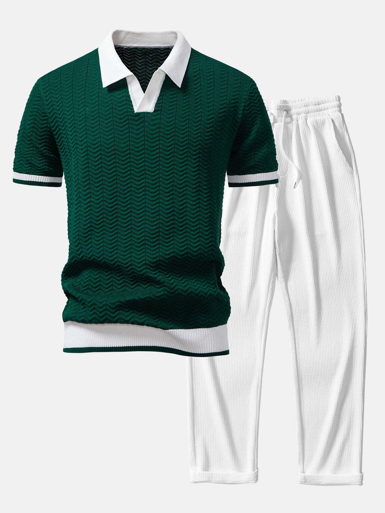 Texture Contrast Knitted V Neck Polo Shirt & Straight Leg Ribbed Pants