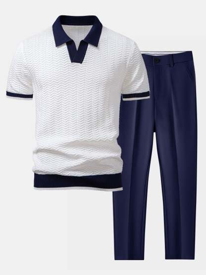 Texture Contrast Knitted V Neck Polo Shirt & Slim Fit Tapered Trousers
