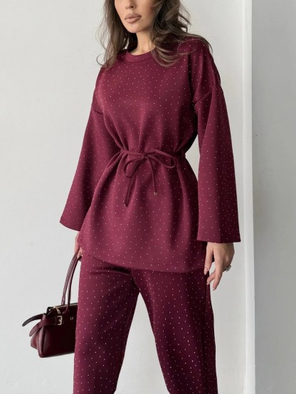Women's fashionable casual polka dot print long sleeved two piece set