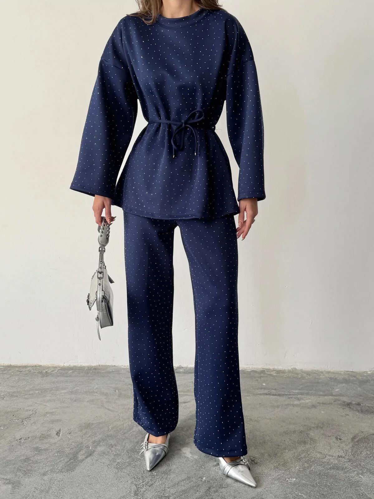 Women's fashionable casual polka dot print long sleeved two piece set