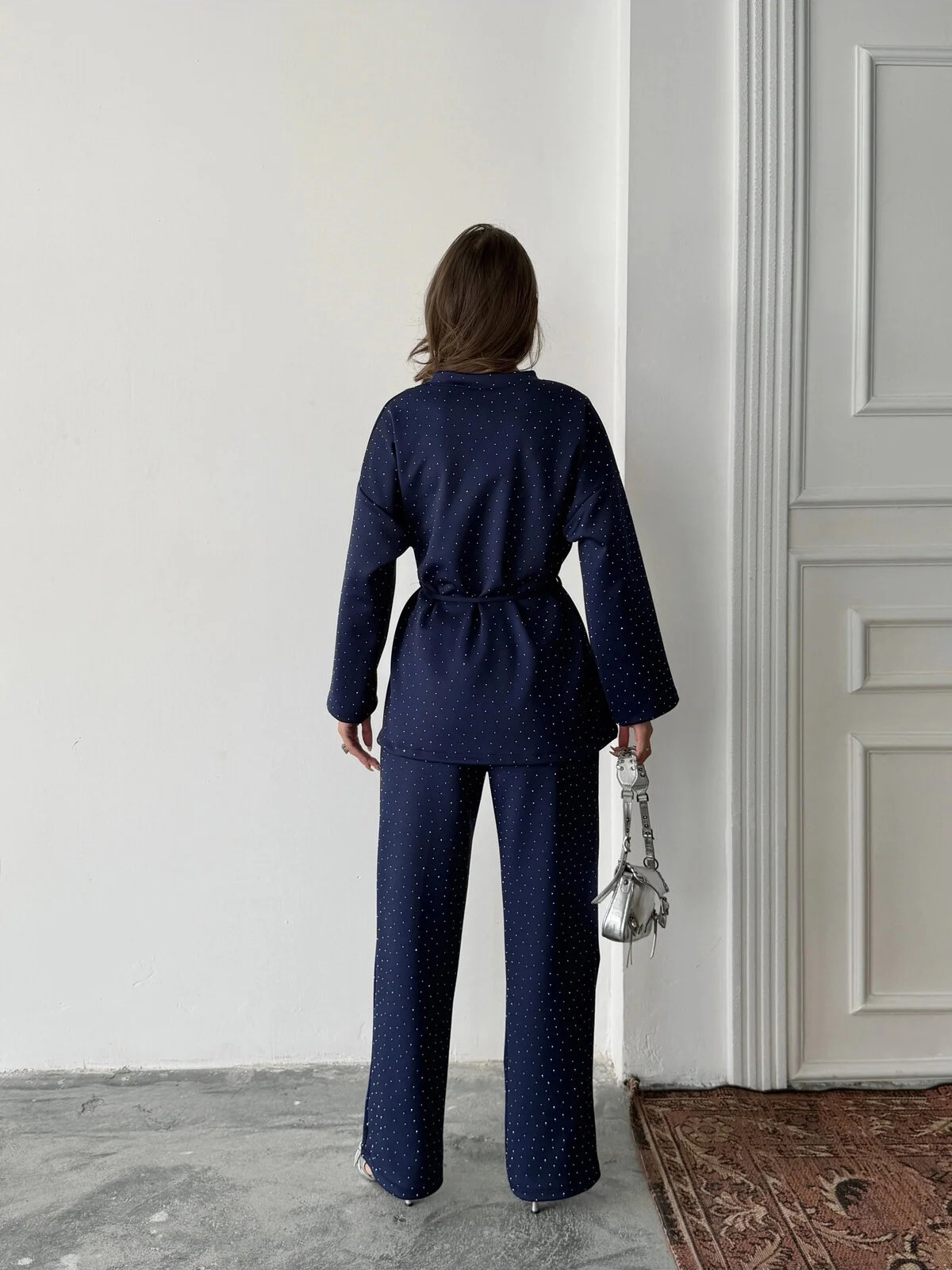 Women's fashionable casual polka dot print long sleeved two piece set