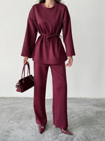 Women's fashionable casual polka dot print long sleeved two piece set