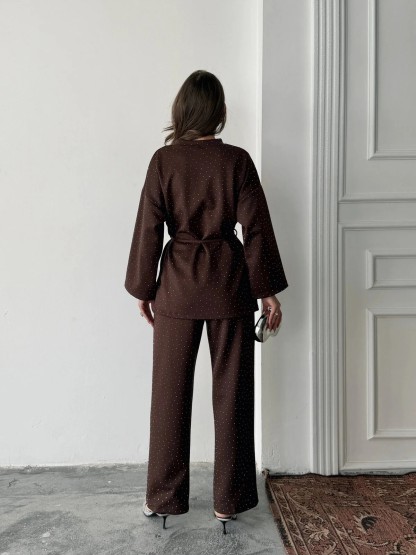 Women's fashionable casual polka dot print long sleeved two piece set