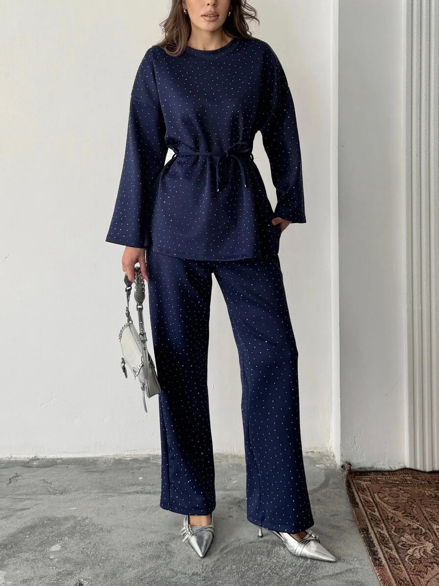 Women's fashionable casual polka dot print long sleeved two piece set