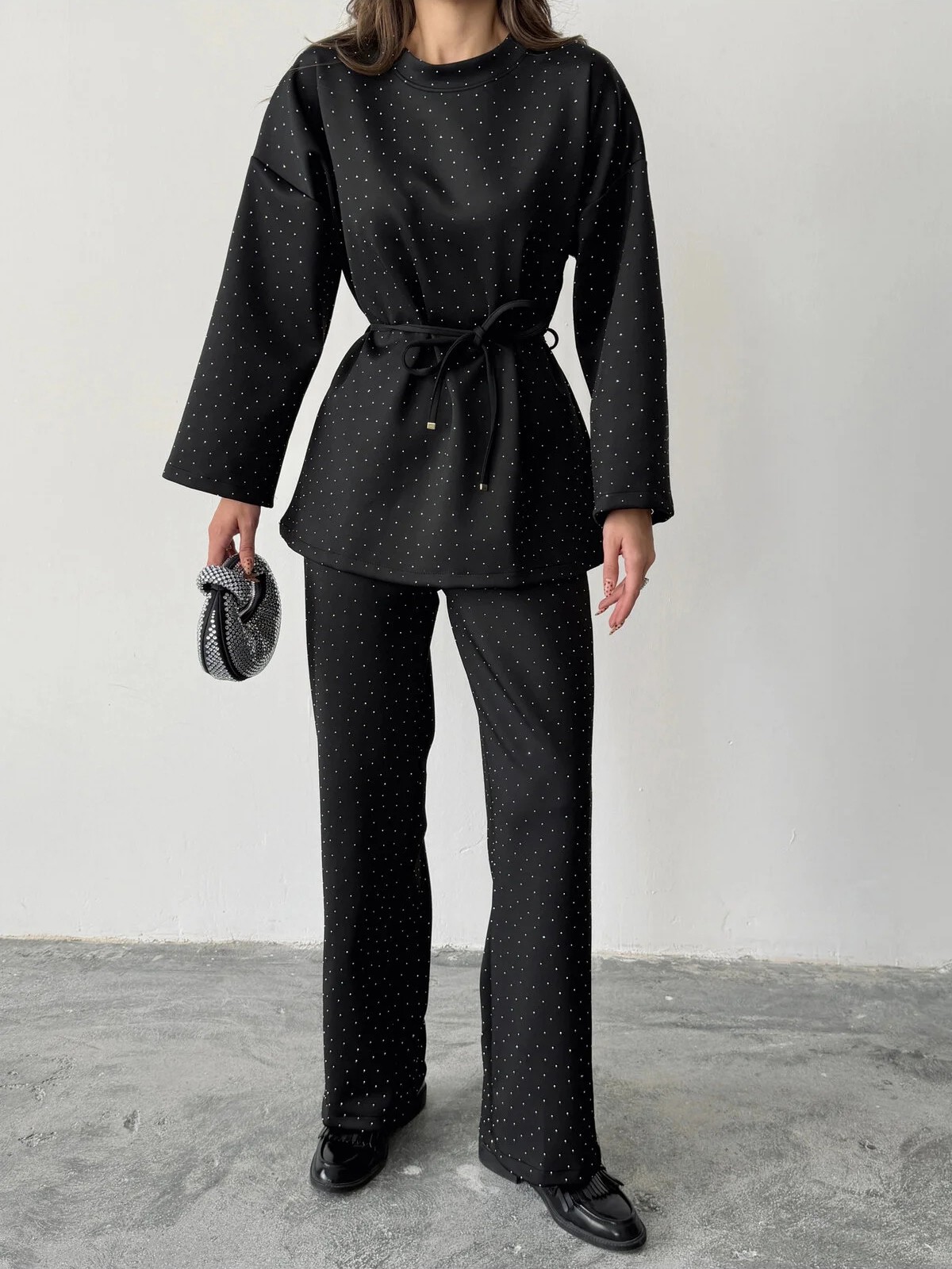 Women's fashionable casual polka dot print long sleeved two piece set