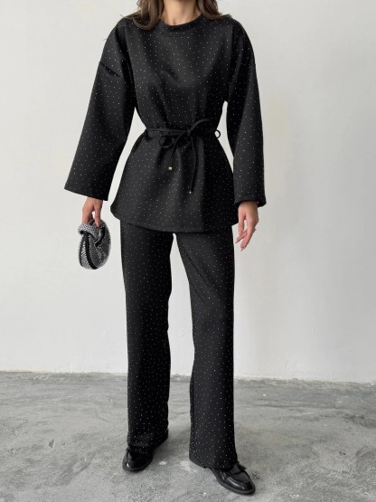 Women's fashionable casual polka dot print long sleeved two piece set