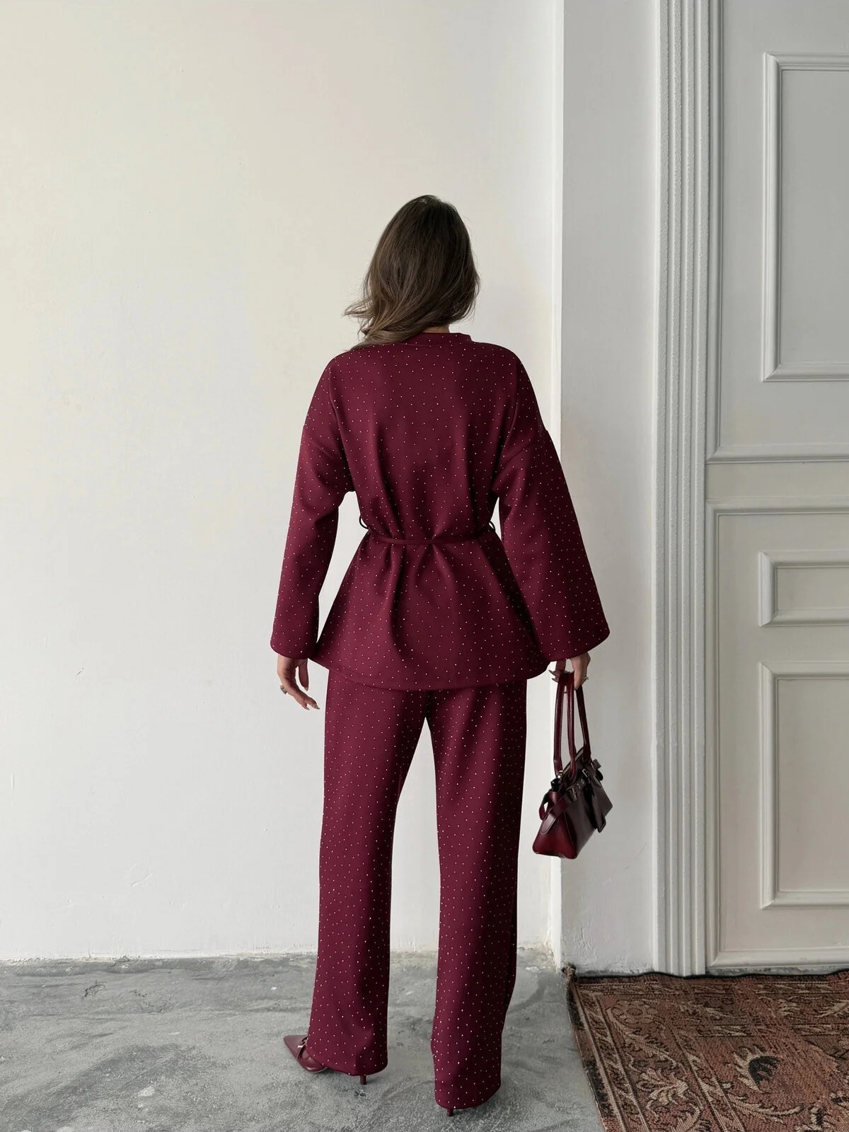 Women's fashionable casual polka dot print long sleeved two piece set