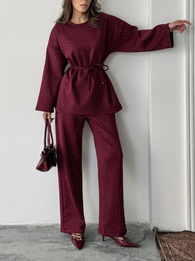 Women's fashionable casual polka dot print long sleeved two piece set