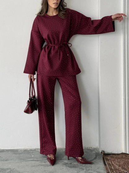 Women's fashionable casual polka dot print long sleeved two piece set