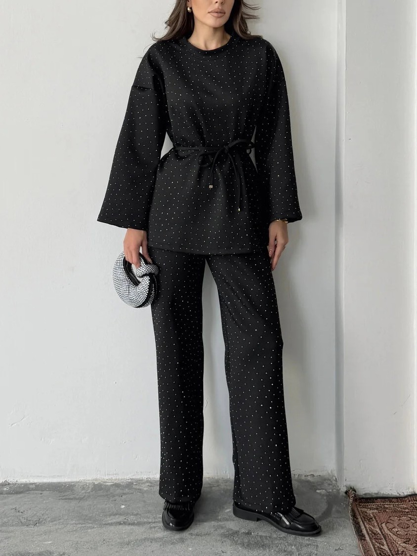 Women's fashionable casual polka dot print long sleeved two piece set