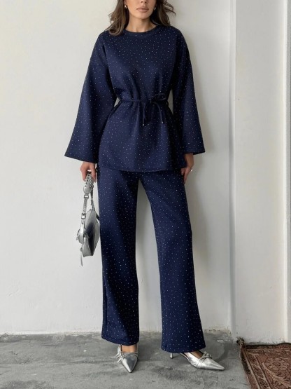 Women's fashionable casual polka dot print long sleeved two piece set