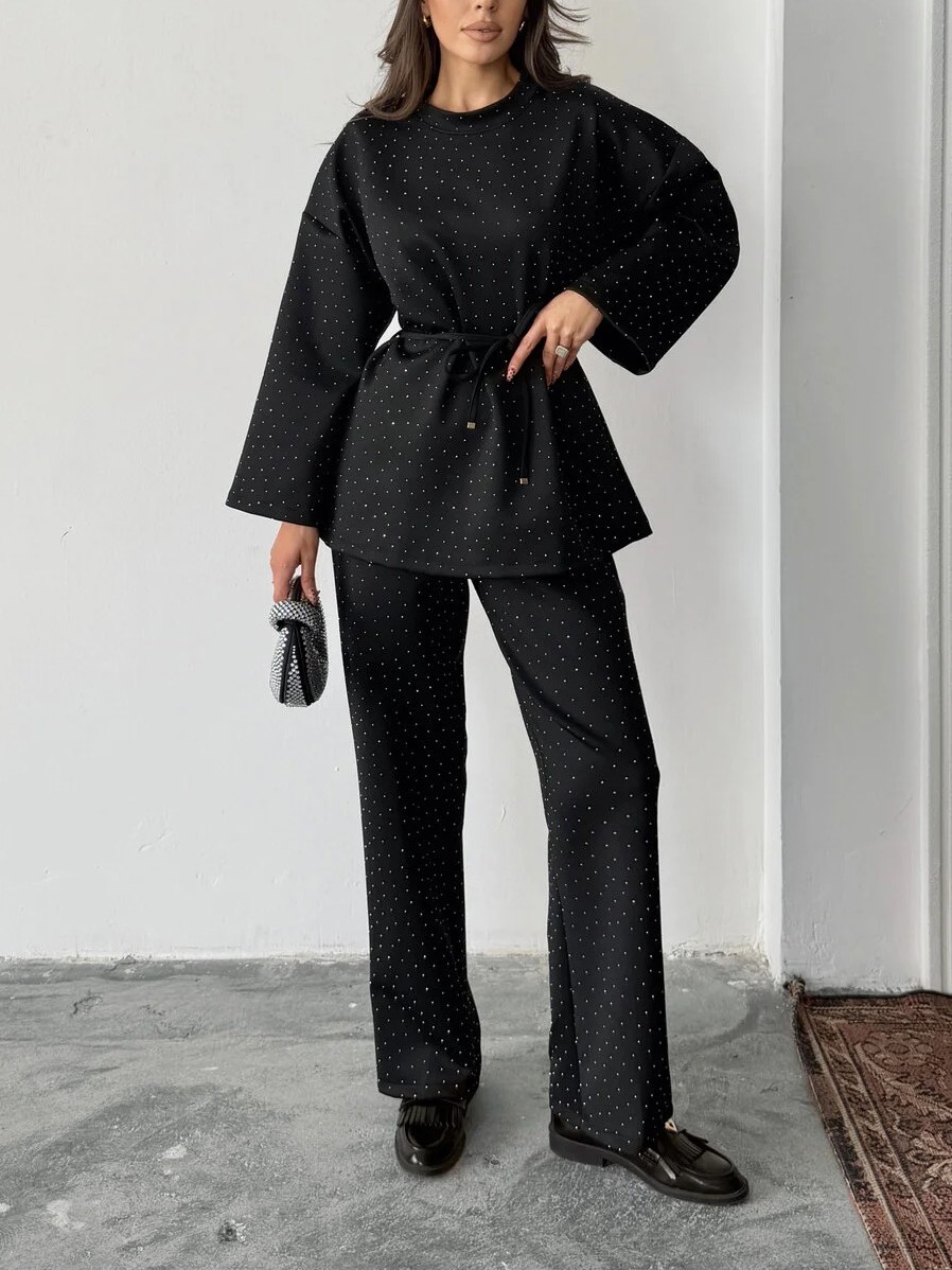 Women's fashionable casual polka dot print long sleeved two piece set