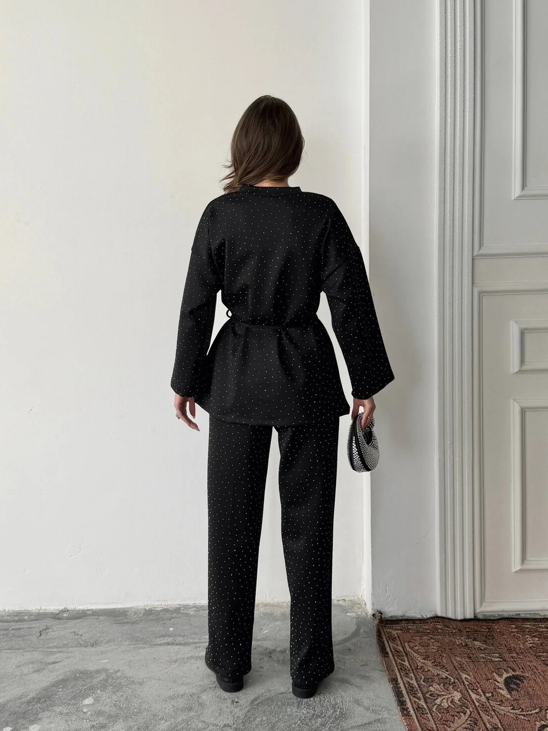 Women's fashionable casual polka dot print long sleeved two piece set