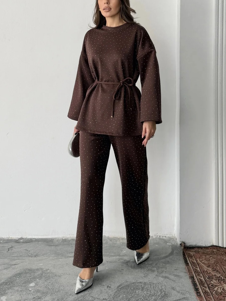 Women's fashionable casual polka dot print long sleeved two piece set