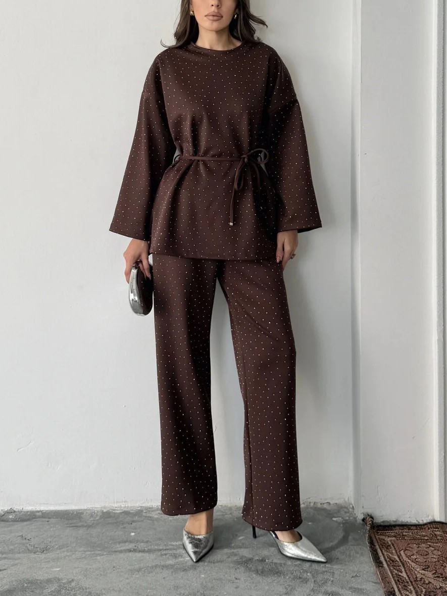 Women's fashionable casual polka dot print long sleeved two piece set