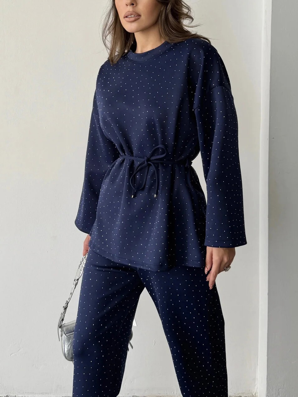 Women's fashionable casual polka dot print long sleeved two piece set