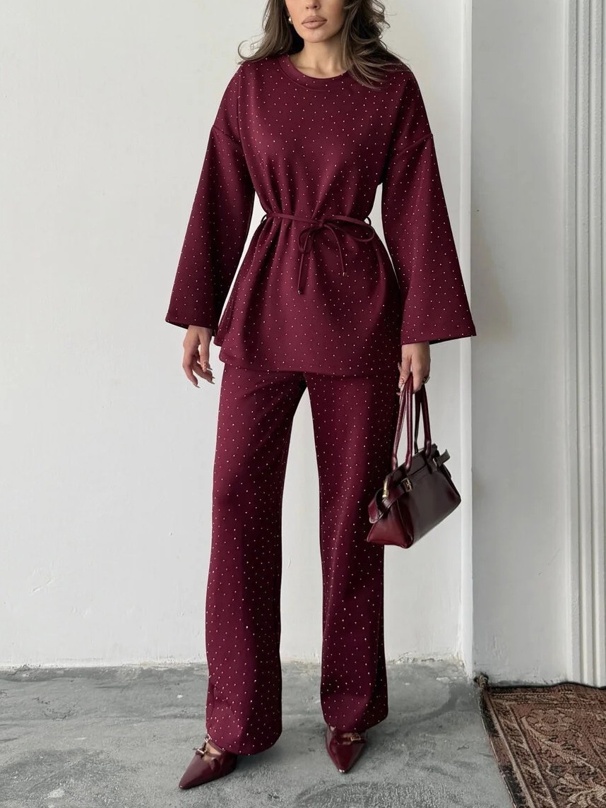 Women's fashionable casual polka dot print long sleeved two piece set