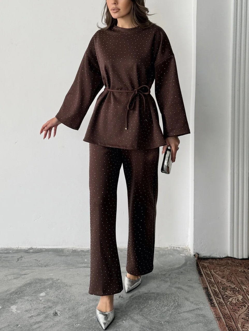 Women's fashionable casual polka dot print long sleeved two piece set