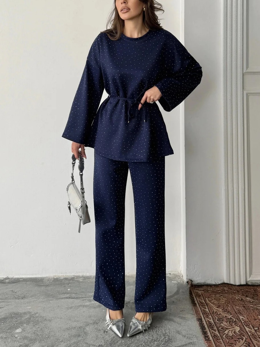 Women's fashionable casual polka dot print long sleeved two piece set