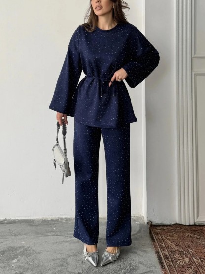 Women's fashionable casual polka dot print long sleeved two piece set