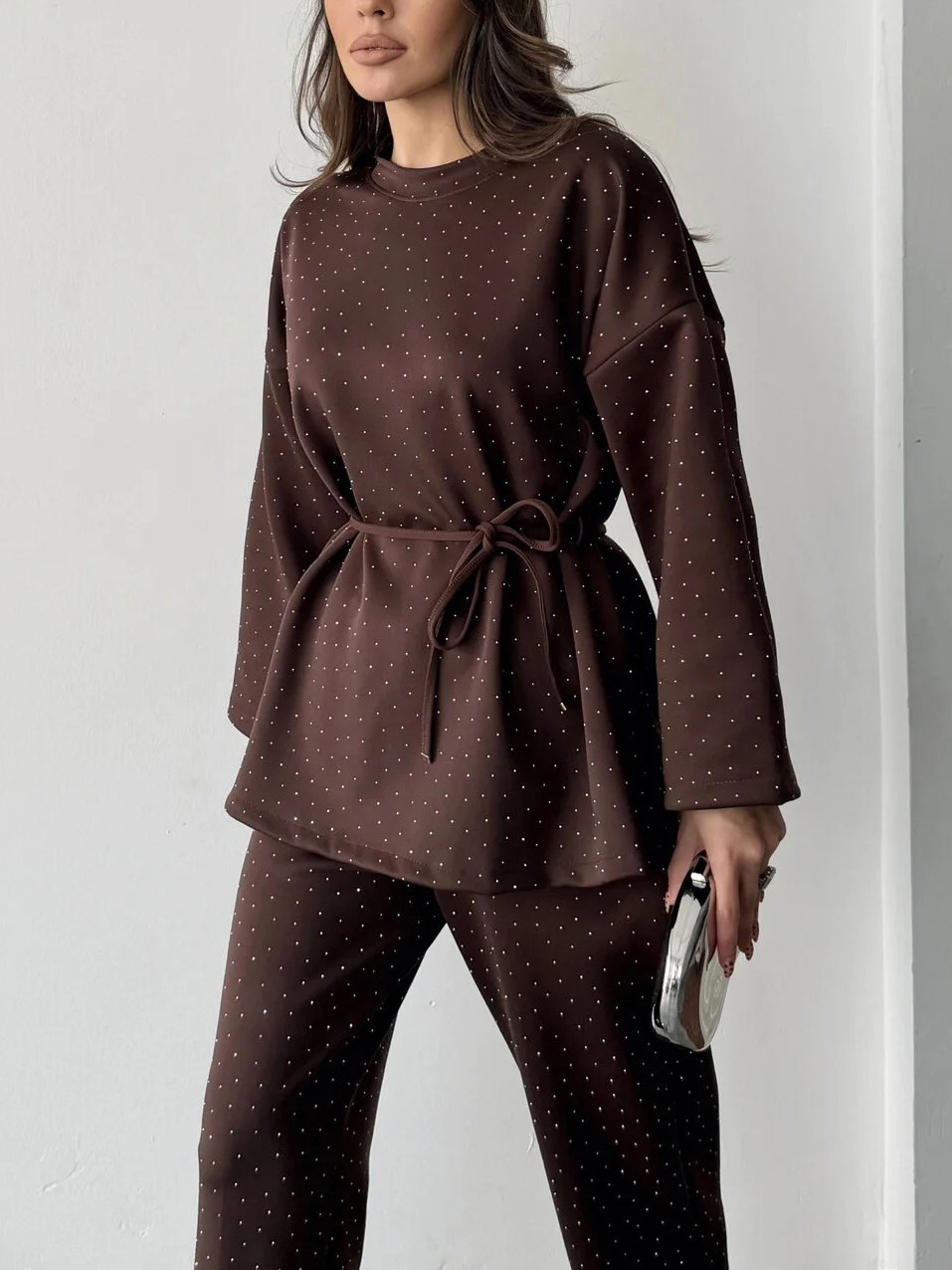 Women's fashionable casual polka dot print long sleeved two piece set