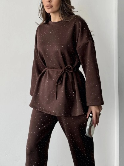 Women's fashionable casual polka dot print long sleeved two piece set