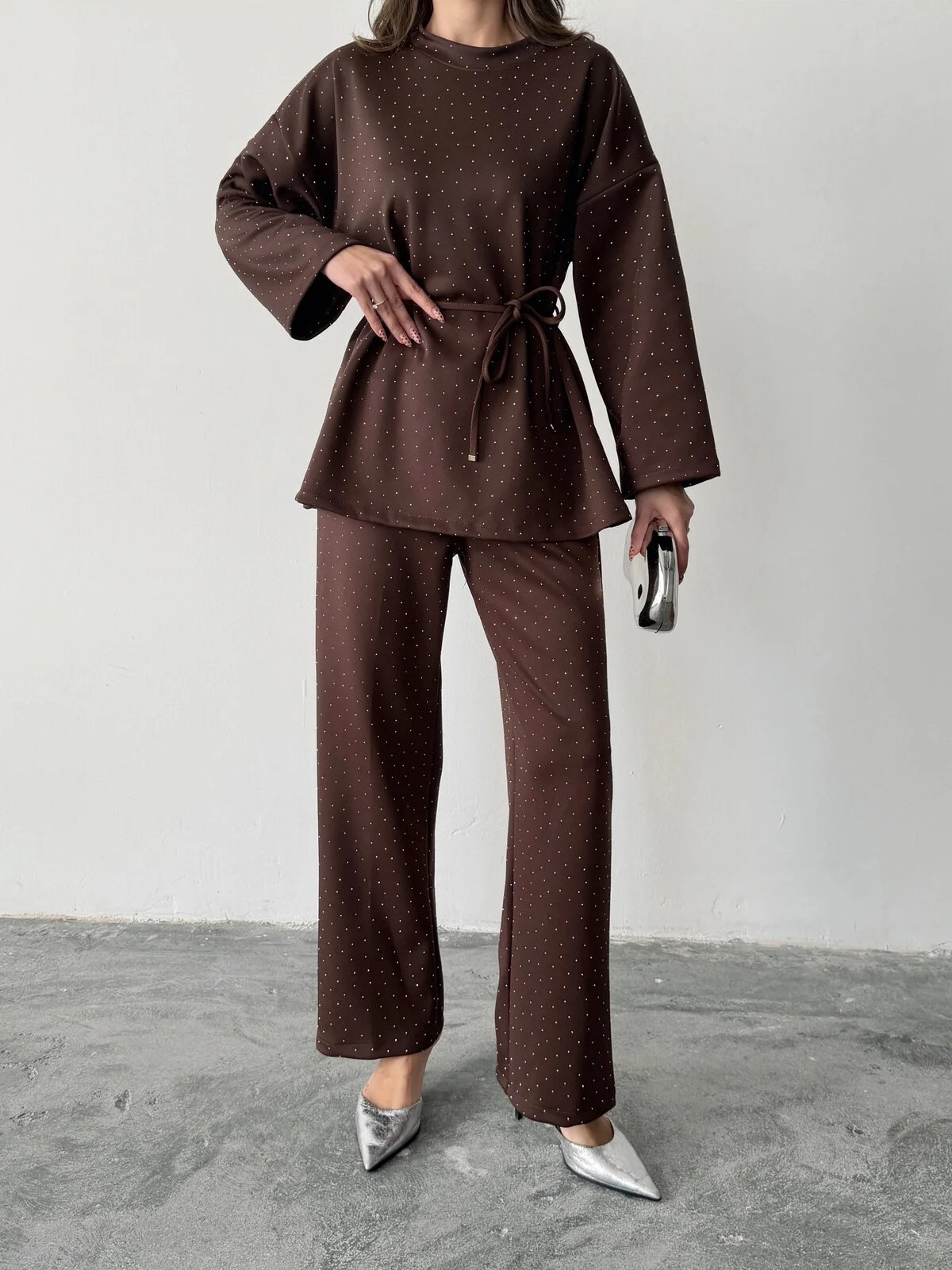 Women's fashionable casual polka dot print long sleeved two piece set