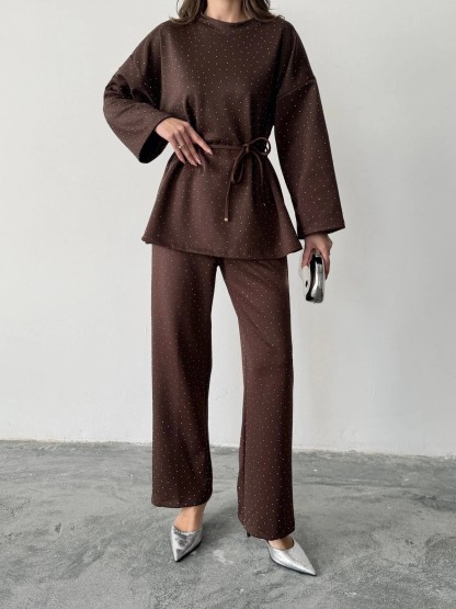 Women's fashionable casual polka dot print long sleeved two piece set