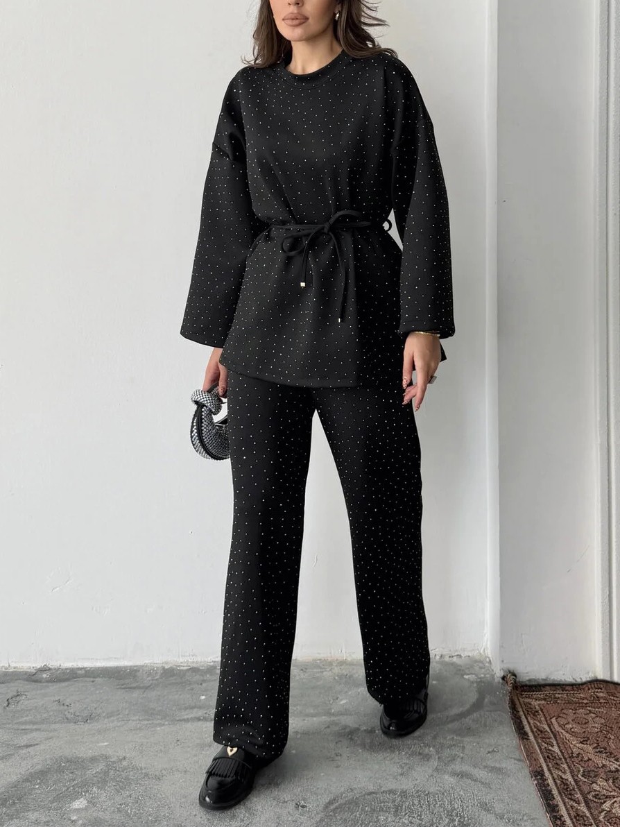 Women's fashionable casual polka dot print long sleeved two piece set