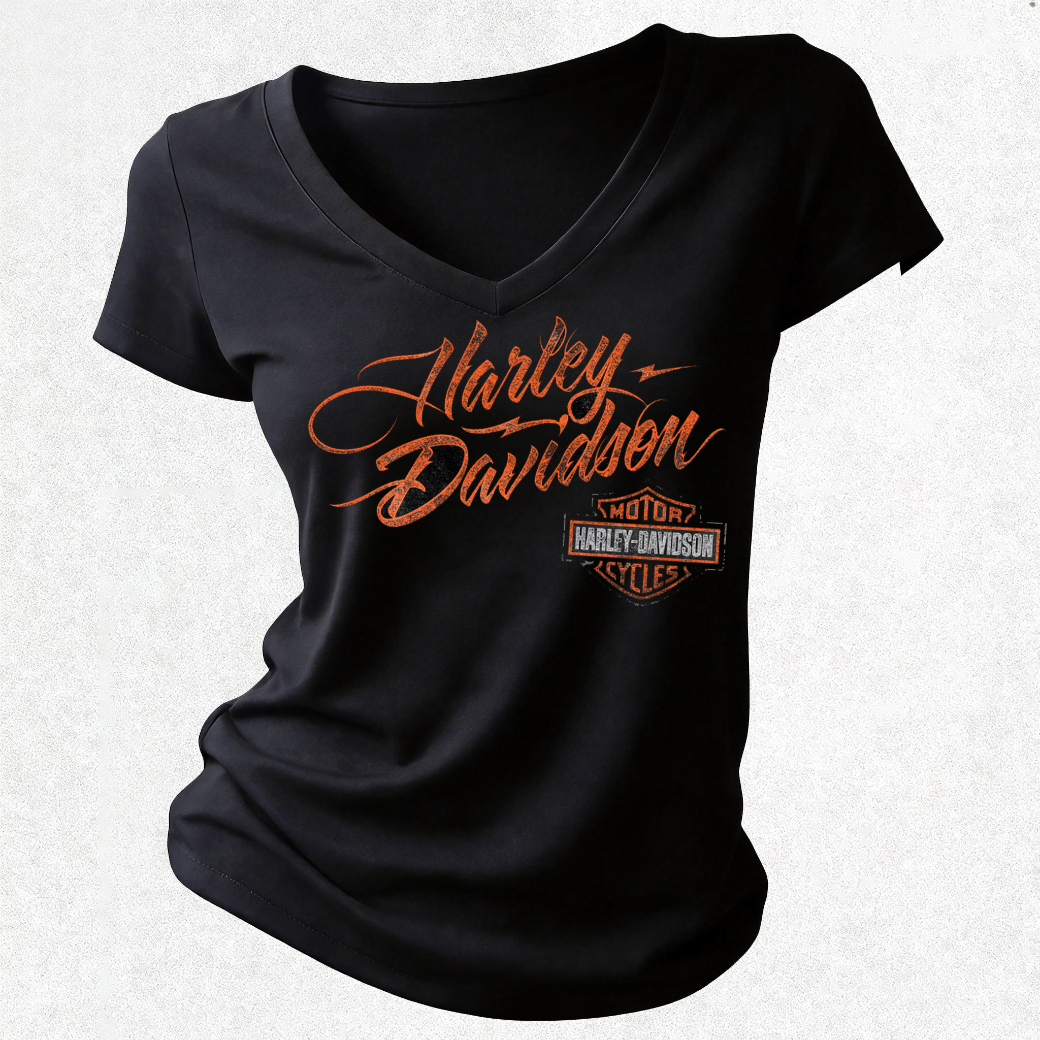  Motorcycles Printed Women's V-neck Pleated Waist Fitted T-shirt