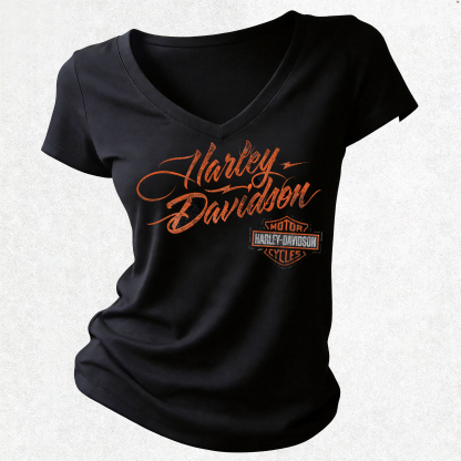  Motorcycles Printed Women's V-neck Pleated Waist Fitted T-shirt