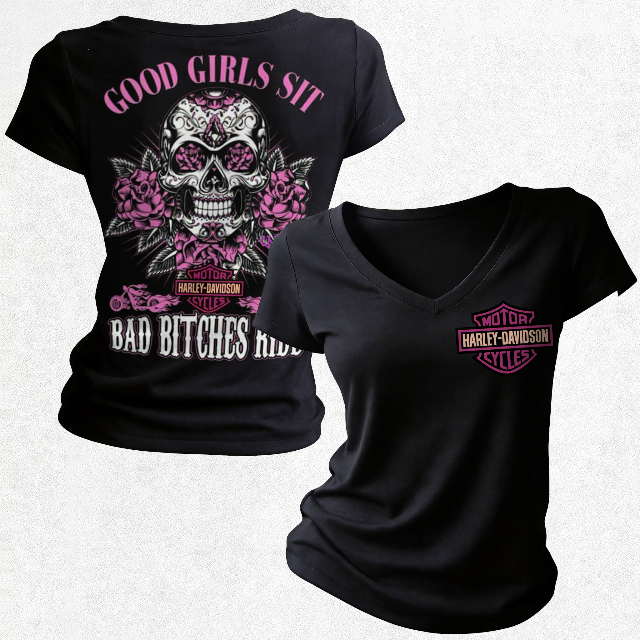  Motorcycles Printed Women's V-neck Pleated Waist Fitted T-shirt