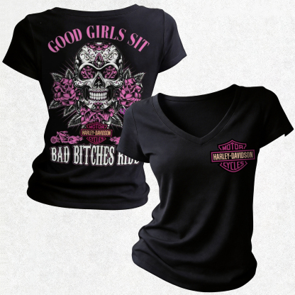  Motorcycles Printed Women's V-neck Pleated Waist Fitted T-shirt