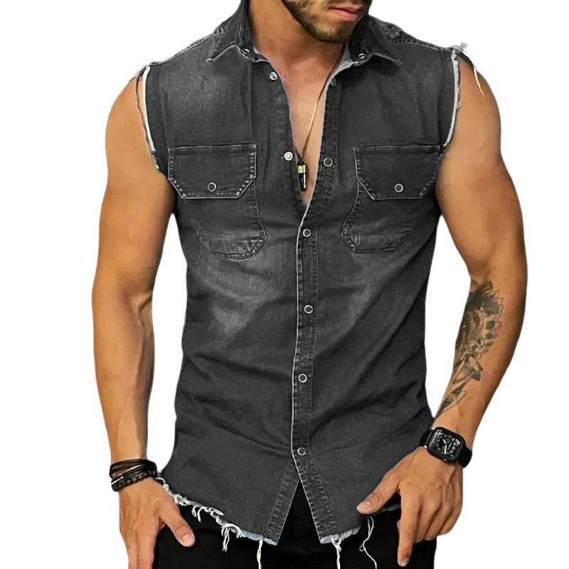 Men's Vintage Lapel Sleeveless Denim Shirt 
