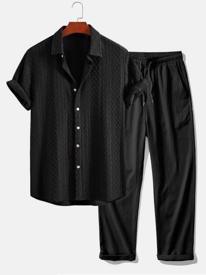 Geometry Rhombus Jacquard Button Up Shirt & Crinkle Textured Straight Leg Pants