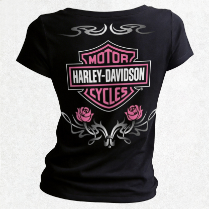  Motorcycles Printed Women's V-neck Pleated Waist Fitted T-shirt