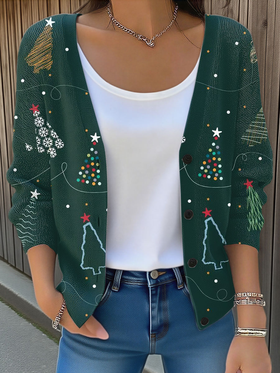 Vintage Christmas Tree Art Print Buttoned V-neck Cardigan Sweater