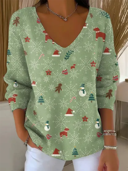 Women's Vintage Christmas   Art Print V-neck  Loose  Sweater