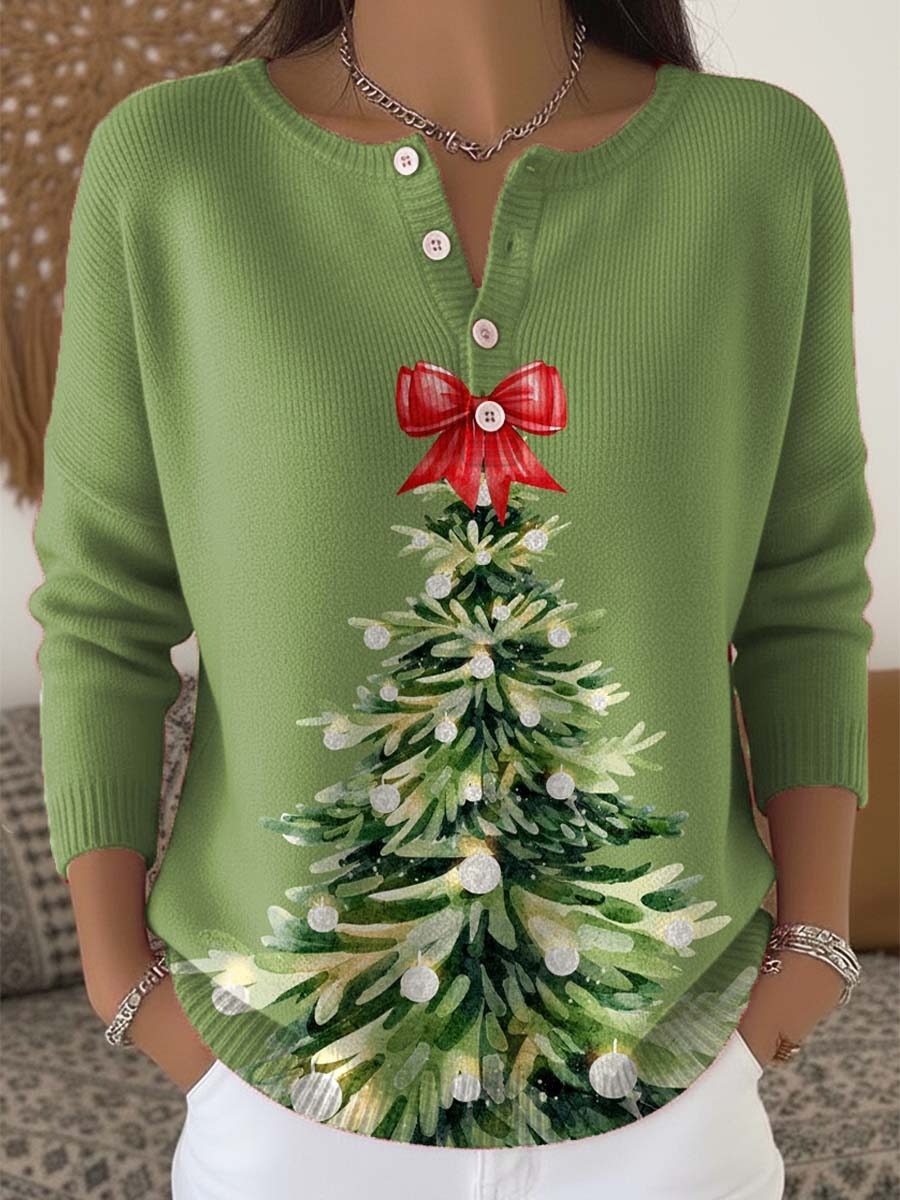 Women's Christmas Tree Art Print Casual Pullover Sweater