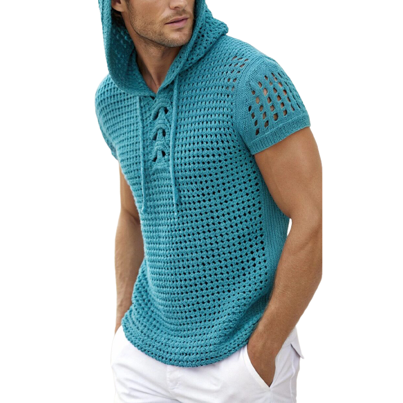 Men's Summer Fashion Casual Hooded Hollow Knitted Short Sleeve T-shirt ASW1013D0K
