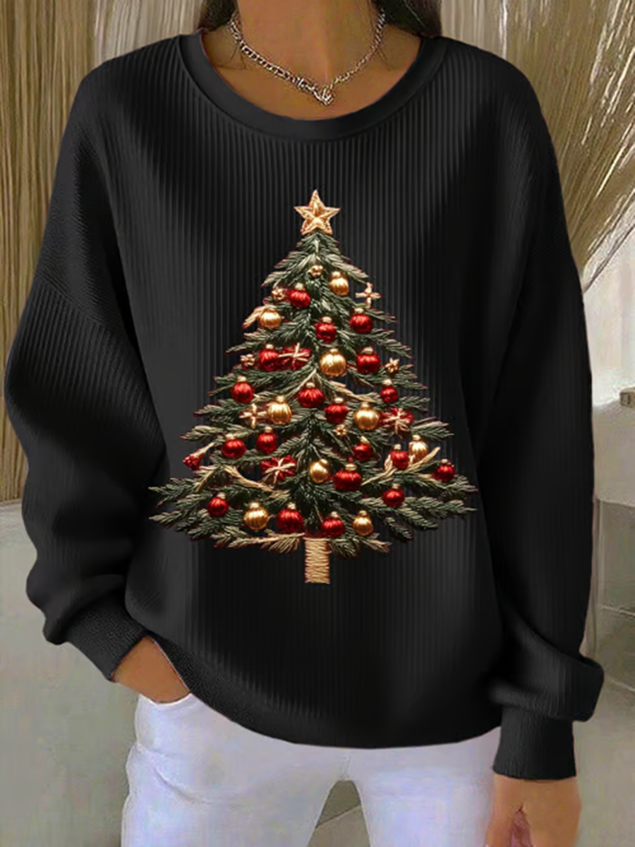 Women's Casual Crew Neck Christmas Tree Print Sweatshirt Top
