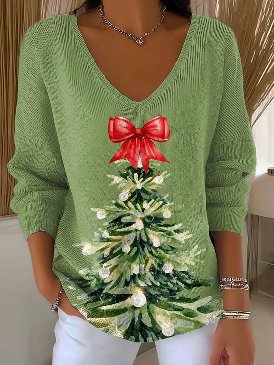 Women's Christmas Tree Art Print Casual Pullover Sweater