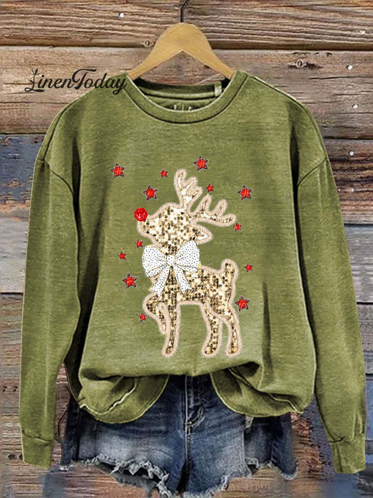 Retro Glitter REINDEER BOW Christmas Print Casual Sweatshirt