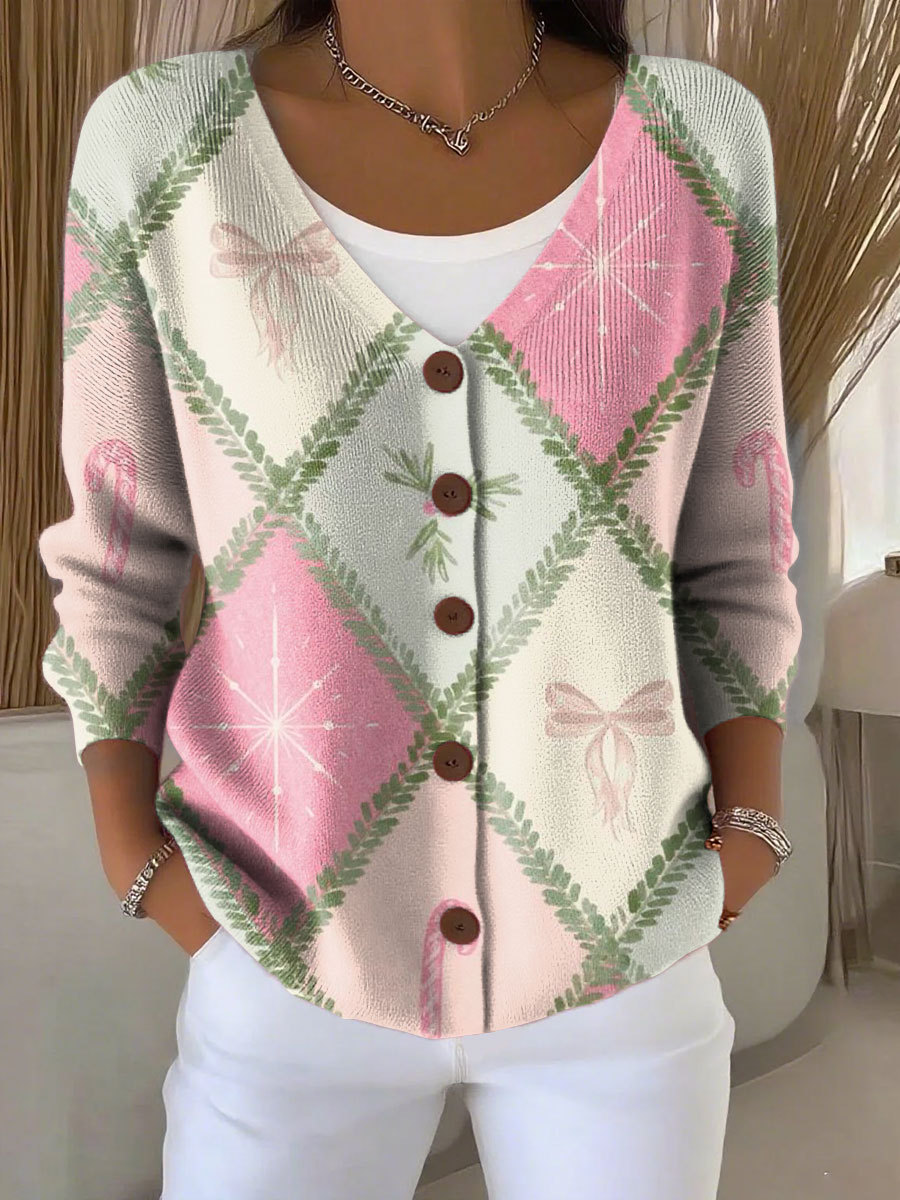 Christmas Splicing Pattern Print Buttoned V-neck Cardigan Sweater